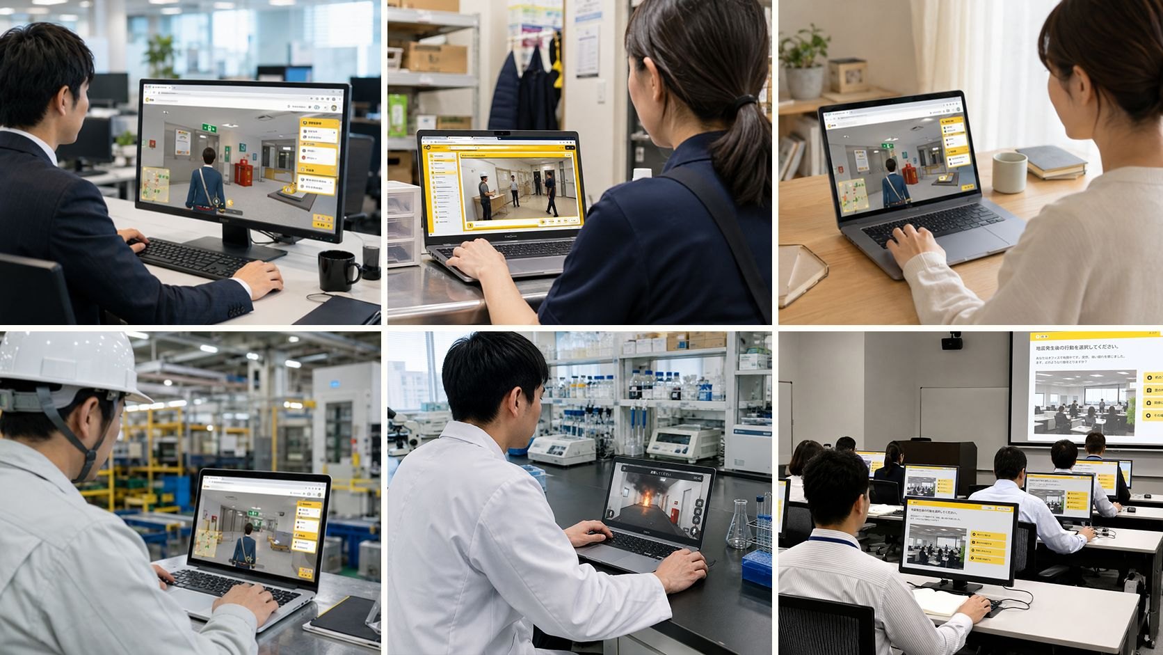 オフィスや倉庫で、各自のPCブラウザから訓練に参加している様子